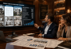 A professional real estate investing couple in a sophisticated home office with elegant wood paneling and warm ambient lighting. They are focused on a large display showing side-by-side comparisons of renovation plans, rental projections, and photos of a distressed property. The scene captures their collaborative effort, with detailed financial documents and property analysis charts spread across a polished desk, emphasizing a mood of strategic success and professional determination.