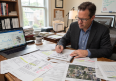 A professional investor at a wooden desk, intensely analyzing a stack of title records and itemized repair estimates.