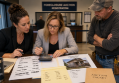 Two female real estate investors calculating a foreclosure auction maximum bid using ARV, repair costs, liens, and profit targets while their handyman watches on.