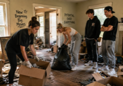 Two young Gen Z women in casual contemporary clothing actively clearing debris and discarded boxes from a cluttered, dusty foreclosure home interior. They are focused on the physical work of cleaning and moving items, while two Gen Z men in modern streetwear stand nearby, watching them work from a relaxed stance. The setting is a neglected room with worn surfaces and scattered household items, illuminated by natural light from the windows.