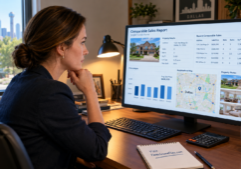 A professional woman sits in her organized home office, focused on a computer monitor displaying a comprehensive real estate comparable sales report with charts, property photos, and neighborhood maps.