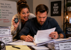 A husband and wife real estate investing team at a desk, with the wife leaning over her husband's shoulder holding a stopwatch and wearing an excited, joyful expression. The husband is intensely focused, quickly scanning through thick stacks of legal foreclosure documents spread before him. The scene captures a sense of energetic teamwork and urgency, emphasizing the husband's concentration and the clear display of the stopwatch in the wife's hand.