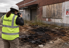 Environmental consultant photographing stained soil behind a foreclosed commercial property