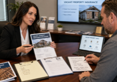 Real estate investor meeting his insurance broker in her office and reviewing insurance risks for a vacant foreclosure property before starting rehab. She is recommending various options and riders to her investor client.