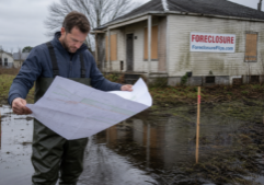 Investor examining a property survey beside a low-priced foreclosure with visible drainage and boundary concerns