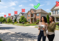 A row of well-maintained suburban houses lines a clean street, each featuring a large red X floating above its roof, except for one central house marked with a vibrant green check mark. Standing on the sidewalk in the foreground, two stylish Gen Z women in modern professional-casual attire observe the scene. One holds a sleek digital tablet while the other points toward the house with the green check mark, both displaying confident and savvy expressions. The neighborhood is bright and sunny, with manicured lawns and clear blue skies, highlighting the contrast between the digital icons and the realistic residential setting.