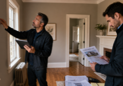 A focused appraiser examines structural cracks and peeling wallpaper in a slightly rundown interior, holding a digital tablet to record the moderate damage. Nearby, an investor reviews financial documents and property data, standing amidst worn floorboards and exposed lath. One of the documents has the heading ForeclosureFlips.com The room is filled with a somber atmosphere, highlighted by soft, diffused light that emphasizes the textures of debris and distressed surfaces.