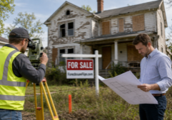Surveyor marking property boundaries while an investor reviews plans beside a distressed foreclosure