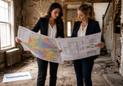 Two professional female real estate investors in smart business attire standing within the interior of a dilapidated foreclosure property.