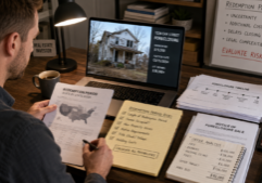 image of a real estate investor reviewing foreclosure redemption period risks before bidding on a distressed property