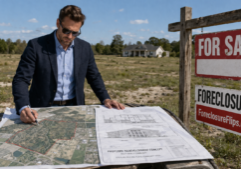 Investor comparing redevelopment plans with a boarded foreclosure property in the background
