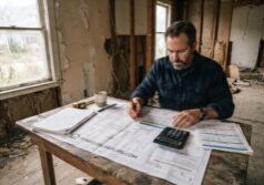 Investor calculating redevelopment costs while reviewing site plans for a distressed foreclosure property
