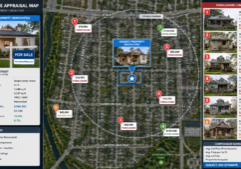 A detailed digital real estate appraisal map centered on a highlighted renovated property, featuring distinct markers and data overlays for nearby foreclosure comparables.
