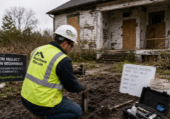 Geotechnical engineer collecting soil samples beside a distressed foreclosure planned for redevelopment