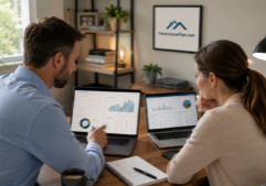A professional couple sitting together in a modern home office, focused on comparing analytical charts and data visualizations on their laptop screens.
