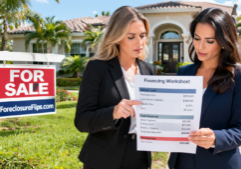 Two professional women standing in front of an upscale suburban house in Miami, focused on a financing worksheet that details a senior loan, cash required, and a funding gap.