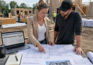 A millennial female real estate investor reviewing duplex foundation plans, construction budget software, and new construction rental drawings with her partner in front of a job site. There are construction workers and material in the background.