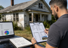 Foreclosure investor reviewing mortgage rates, repair costs, and deal numbers before making an offer on a distressed property.