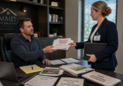 Male foreclosure real estate investor in his office as a female HOA official serves him with a notice of HOA lien balances and association rules.