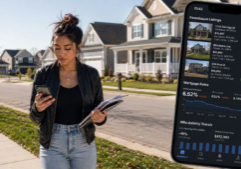 a female Gen Z foreclosure real estate investor reviewing foreclosure listings, mortgage rate data, and housing affordability trends on a smartphone as she walks through a residential subdivision.