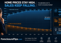 A sophisticated data visualization showing a plateaued high-value trend line for home prices contrasted against a declining slope for completed home sales.