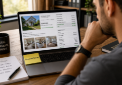 A focused real estate investor reviewing a residential property listing and detailed financial spreadsheets on a laptop screen.