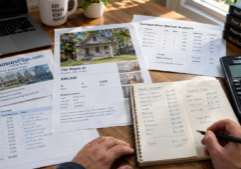 A detailed photorealistic view of a real estate investor's workspace, focusing on a desk cluttered with professional documents.