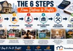 Six-step distressed property investing process showing mortgage delinquency, pre-foreclosure, foreclosure auction, REO property, stabilization, and rehab, resale, or rental conversion.