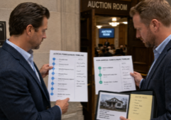 Two real estate investors comparing judicial and non-judicial foreclosure timelines before entering the auction room and bidding on a distressed property.