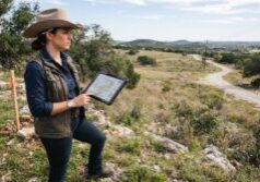 A professional female real estate investor wearing a cowboy hat stands on a vacant plot of land, carefully examining the terrain while holding digital blueprints or a tablet displaying site plans. The scene emphasizes land assessment, featuring the investor’s focused expression as they evaluate topographical features, road access points, and potential utility connections within the natural landscape.