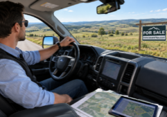A real estate investor in business casual attire drives a modern pickup truck along a quiet country road, looking intently at expansive parcels of undeveloped land.