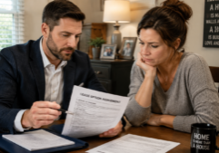 A professional investor and a concerned homeowner sitting together at a table, focused on a legal lease option agreement. The scene emphasizes a serious and empathetic atmosphere, with natural indoor lighting highlighting the details of the documents and the nuanced facial expressions, capturing the investor's supportive demeanor and the homeowner's anxious yet hopeful look. The domestic setting remains consistent, with clear textures on the paper and clothing.