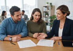A professional female real estate investor presenting two different contractual agreements to a husband and wife in a bright, modern office setting. The investor is gesturing toward the documents on a table, explaining the nuances between lease-purchase and rent-to-own options. The scene emphasizes a collaborative atmosphere with natural lighting, focused expressions, and crisp details on the paperwork and professional attire.
