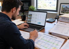 A professional real estate investor focused on a laptop, surrounded by detailed rehab invoices, stacks of closing documents, and printed financial spreadsheets on a desk.