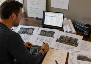 Small-scale real estate developer reviewing duplex, triplex, and mixed-use housing plans with construction budget software.