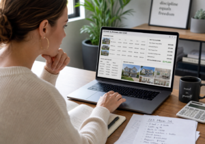 Real estate investor reviewing MLS comps, property photos, sales history, and ARV calculations on a her laptop.