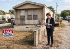 A professional real estate investor in smart-casual attire inspecting a manufactured home within a mobile home park. A clear 'Foreclosure Sale' sign stands in the front yard. The investor holds a clipboard with documents, attentively examining the home's foundation and exterior condition. The lighting is bright and natural, emphasizing the textures of the building and the focused atmosphere of a property evaluation.