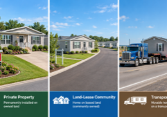 A three-part side-by-side comparison illustration showing three different stages and settings for a manufactured home.