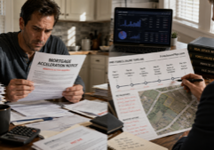A concerned homeowner sits at a kitchen table, focused intently on a formal "Mortgage Acceleration Notice" letter held in their hands. In a separate, professional workspace, a real estate investor studies a property map and a detailed chronological chart, using a pen to plot specific dates and milestones along a pre-foreclosure timeline. On the chart is the URL ForeclosureFlips.com The scene features a mix of personal domestic stress and clinical financial planning, with stacks of documents, a laptop displaying market data, and natural light casting soft shadows across the paperwork.