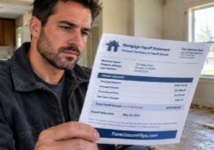 A focused real estate investor examines a paper mortgage payoff statement within the interior of a pre-foreclosure home.