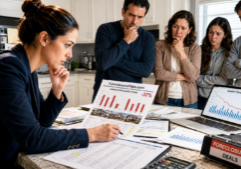 A focused foreclosure investor scrutinizes spreadsheets and real estate charts highlighting significant price cuts.