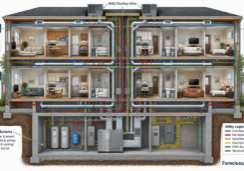 Architectural cutaway diagram of a residential building featuring four distinct apartment units.