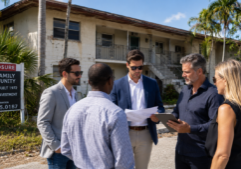 A group of real estate investors standing in front of a multifamily foreclosure in Florida, discussing the deal potential of the property.