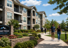 Multifamily apartment building with beautiful landscaping and happy tenants.
