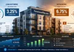 A professional financial infographic centered on a multi-family apartment building.
