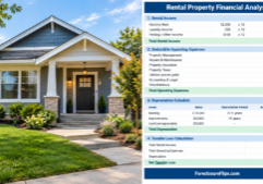 A modernly renovated residential rental property with a fresh exterior and updated landscaping, positioned alongside a clear, professional financial spreadsheet.