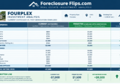 Transform the document into a professional real estate investment analysis table for a fourplex property.