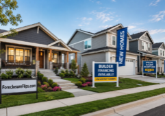 A side-by-side suburban comparison featuring a freshly renovated home with modern finishes and manicured landscaping positioned next to a row of newly constructed houses.