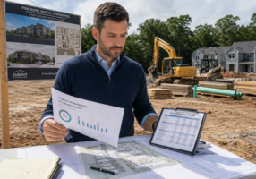 A real estate developer reviewing plans for new construction rental units with financial projections and property management reports. He is standing in front of a vacant lot with construction equipment and materials.