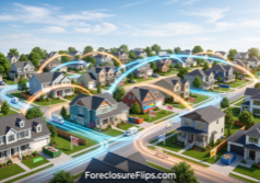 Conceptual visualization illustrating the flow of residential real estate, where houses are linked by glowing pathways to represent mortgage portability and increased seller mobility. The scene shows a dense and varied housing inventory with vibrant, well-maintained neighborhoods, replacing any signs of property distress with signs of active renovation and market vitality. The lighting is bright and clear, emphasizing a fluid and dynamic housing market. Include the URL ForeclosureFlips.com at the bottom of the image.